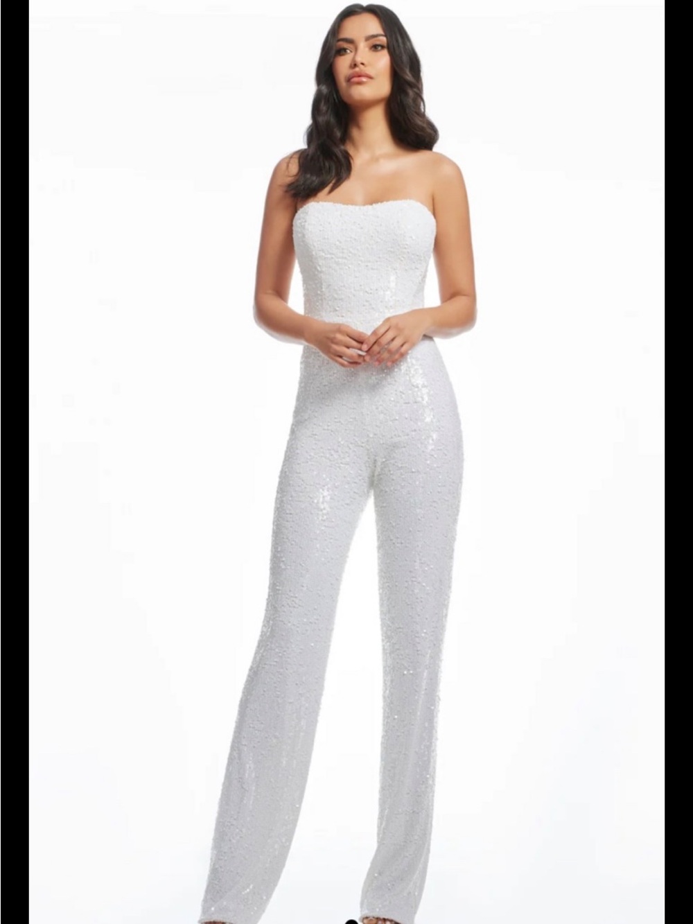 DRESS THE POPULATION Andy Strapless White Sequin Jumpsuit size XS